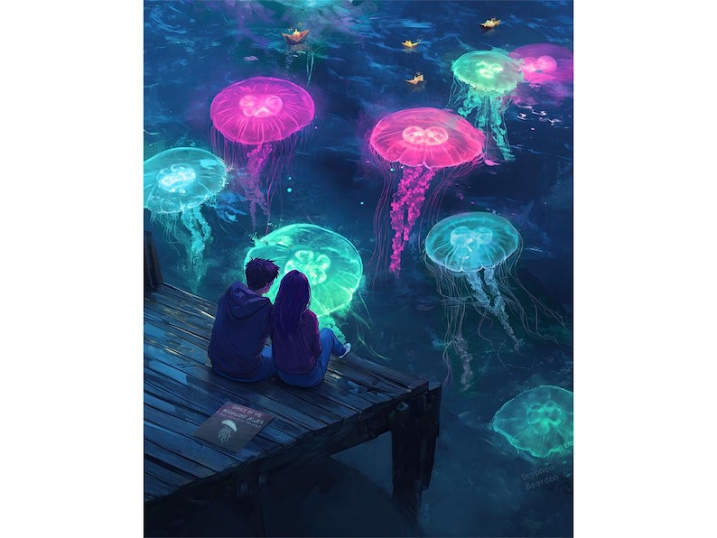 Pu&ograve; includere: Una coppia siede su un molo di legno che si affaccia su un'area d'acqua piena di meduse luminose. Le meduse sono di varie tonalit&agrave; di rosa, blu e verde. La coppia &egrave; in silhouette contro l'acqua e le meduse.