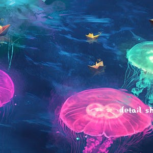 Pu&ograve; includere: Un'illustrazione digitale di tre meduse luminose in un oceano blu scuro. Le meduse sono rosa e verdi e sono circondate da piccole barche di carta luminose.