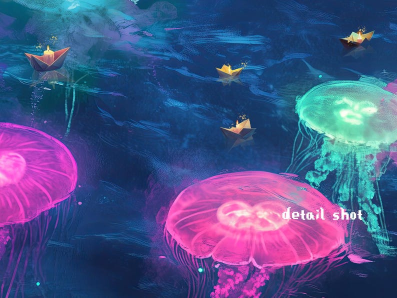 Pu&ograve; includere: Un'illustrazione digitale di tre meduse luminose in un oceano blu scuro. Le meduse sono rosa e verdi e sono circondate da piccole barche di carta luminose.
