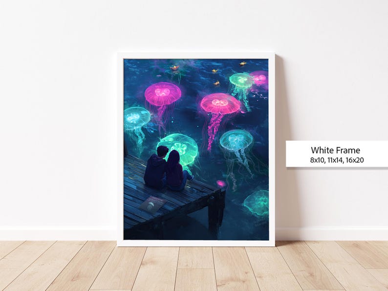 Pu&ograve; includere: Una coppia &egrave; seduta su un molo di legno, guardando uno spettacolo di meduse bioluminescenti che brillano in un'acqua blu scuro. Le meduse sono di varie tonalit&agrave; di rosa, viola e verde.