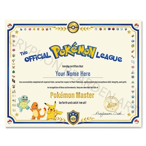 Może przedstawiać: Certyfikat Ligi Pokémon z niebieską obwódką i tekstem "The Official Pokémon League". Certyfikat jest przeznaczony do personalizacji z imieniem i tytułem "Pokémon Master", z ilustracjami postaci Pokémon.