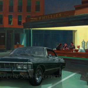 SuperNighthawk's | Paródia de crossover Nighthawks inspirada em Supernatural Impressão de parede Sam Dean Winchester Castiel Baby 1967 Chevy Impala Pintura