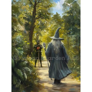 May include: An oil painting depicts a wizard in a long gray cloak and hat walking on a path through a forest. A knight in black armor stands in the distance. The artwork is signed.