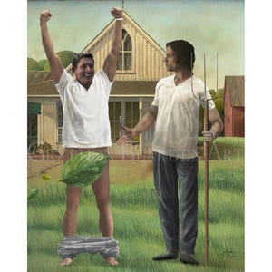 Può includere: Un dipinto artistico raffigura due uomini in un ambiente rurale. Un uomo festeggia con le braccia alzate, parzialmente oscurato da una grande foglia. L'altro uomo è in piedi vicino, con un forcone. Una casa e un fienile rosso sono sullo sfondo.