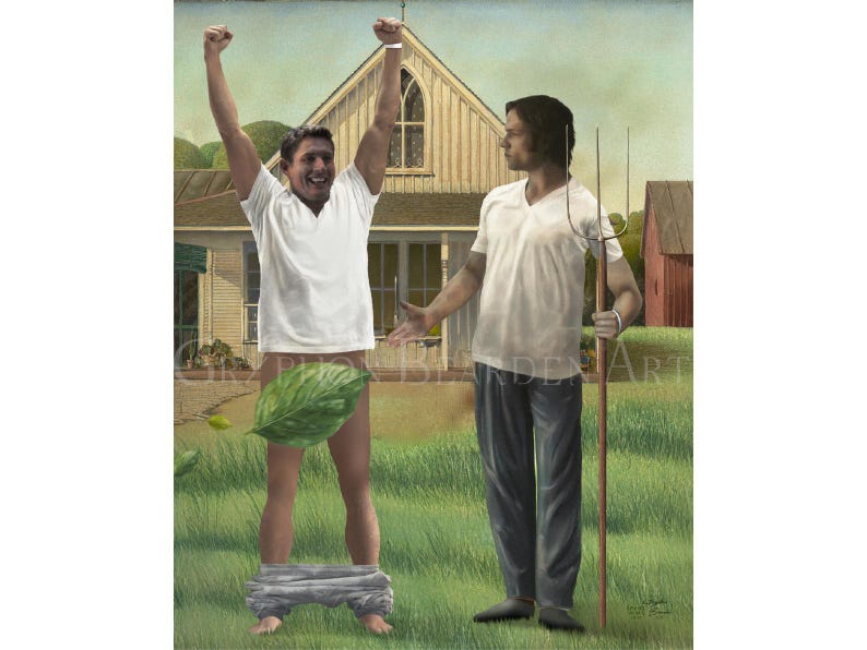 May include: An artistic painting depicts two men in a rural setting. One man celebrates with arms raised, partially obscured by a large leaf. The other man stands nearby, holding a pitchfork. A house and red barn are in the background.