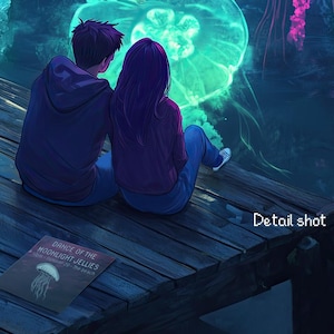 Pu&ograve; includere: Una coppia &egrave; seduta su un molo di legno, guardando una medusa luminosa nell'acqua. Il molo &egrave; illuminato dalla luce della luna e dalla bioluminescenza della medusa. La coppia indossa abiti casual e la donna ha i capelli lunghi e scuri. Il testo sul volantino dice "Dance of the Moonlight Jellies".