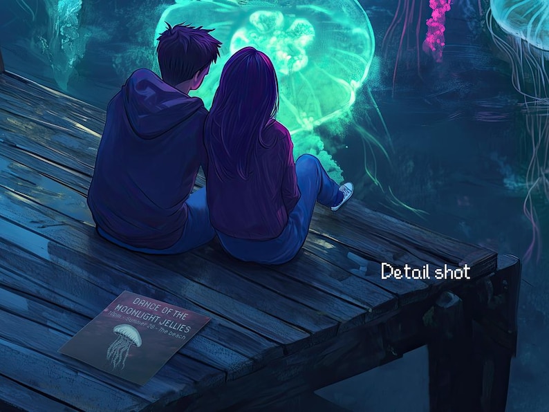 Pu&ograve; includere: Una coppia &egrave; seduta su un molo di legno, guardando una medusa luminosa nell'acqua. Il molo &egrave; illuminato dalla luce della luna e dalla bioluminescenza della medusa. La coppia indossa abiti casual e la donna ha i capelli lunghi e scuri. Il testo sul volantino dice "Dance of the Moonlight Jellies".