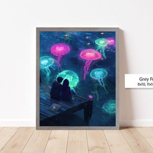 Pu&ograve; includere: Una stampa incorniciata di un dipinto digitale che raffigura una coppia seduta su un molo di legno, circondata da meduse luminose in tonalit&agrave; di rosa, blu e verde. Lo sfondo &egrave; una scena di acqua blu scuro.