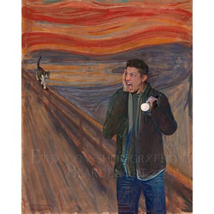 Che spavento! / Stampa artistica da parete incorniciata di alta qualità ispirata al soprannaturale, Dean Winchester, gatto urlante, parodia divertente di Edvard Munch
