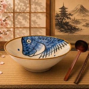 Può includere: Una ciotola in ceramica bianca con un disegno di pesce dipinto a mano in blu all'interno e un bordo marrone, accompagnata da un cucchiaio in legno marrone scuro e un paio di bacchette in legno abbinate, con una texture a coste sull'esterno.