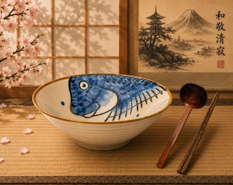 Keramische ramenset Blue Fish 900 ml: Japanse noedelkom met lepel en eetstokjes