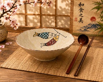 Set di ciotole per ramen in ceramica da 900 ml: design giapponese a doppio pesce, cucchiaio e bacchette