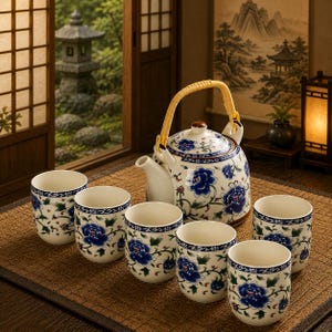 May include: A ceramic tea set consisting of a teapot with a light-coloured woven handle and six matching cups. Each piece features a white base decorated with blue floral patterns, green leaves, and thin dark blue trim along the rims and edges.