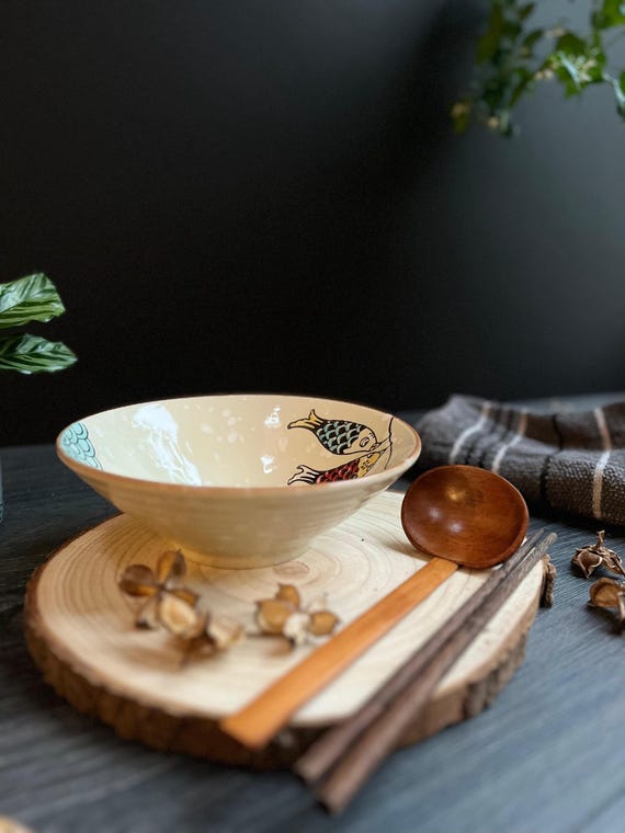 Ceramic Ramen Bowl Set 900ml: Japanese Double Fish Design, Spoon & Chopsticks