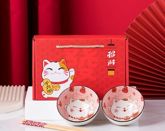 Fortune Cat Japanese Chinese Style Rice Bowl Gift Set