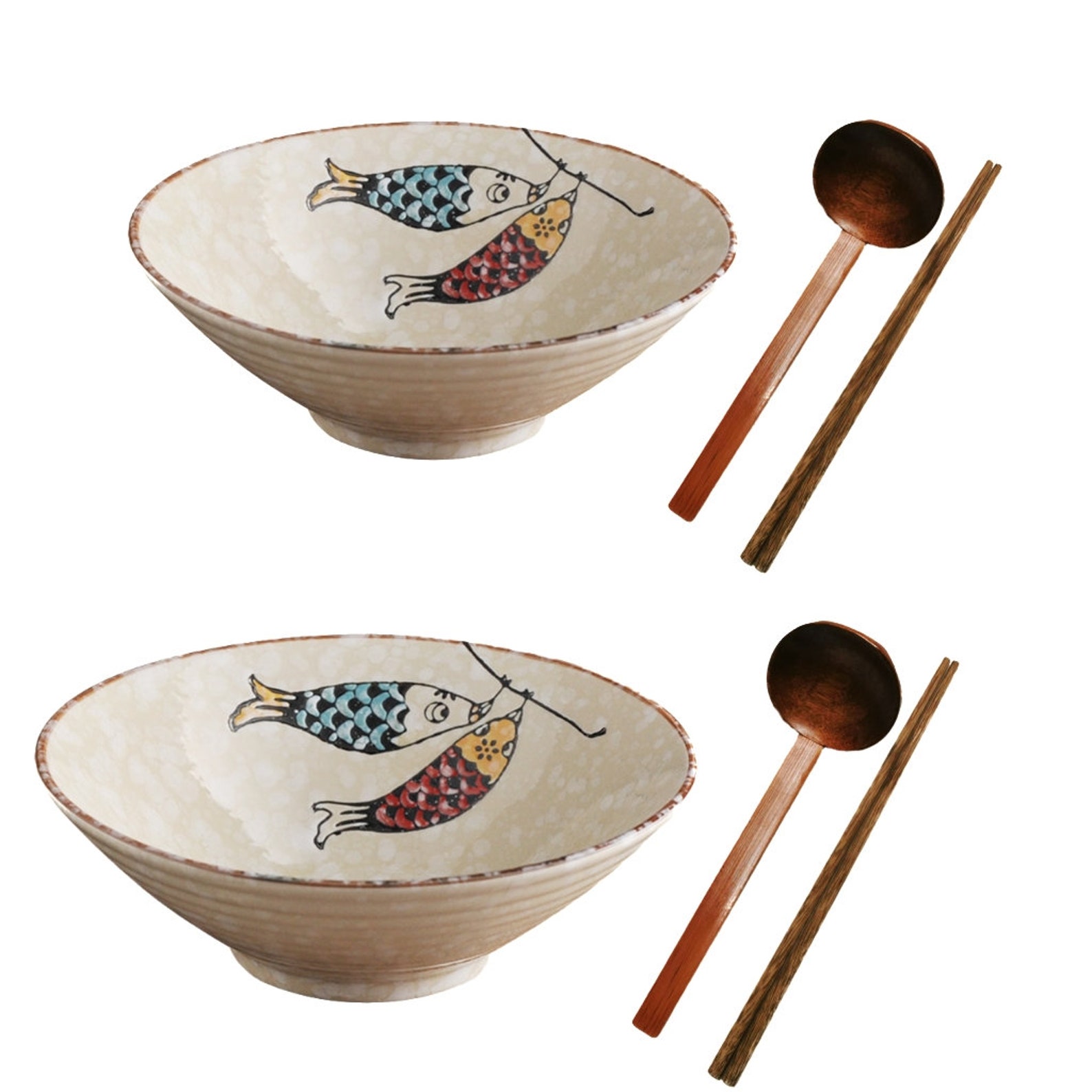 Japanese Noodle Bowl with Spoon & Chopsticks - 2 Fish Bowl x 2