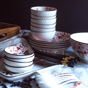 29 Pieces Japanese Chinese Style Dinnerware Set Ceramic Kitchen Dinner Combination Set with Rice Bowls Ramen Bowl Plates Dip Dish Chopsticks