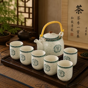 Peut inclure: Service à thé en céramique blanche avec une théière et six tasses assorties, toutes décorées d'un motif floral vert et bleu. La théière a une poignée jaune. L'ensemble est disposé sur un plateau en bois foncé.