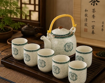Keramische Japanse Chinese theepot en set van 6 theekopjes met roestvrijstalen zetgroep