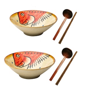 Large Ceramic Red Fish Japanese Ramen Bowl Noodles Bowls for Ramen Pasta Soup Pho Mixing Salad Dishes Cereal with Spoon Chopsticks 900ml