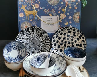 Japanese Dinnerware Set: Rice Bowls, Plates, Spoons, Chopsticks - 16 Pieces