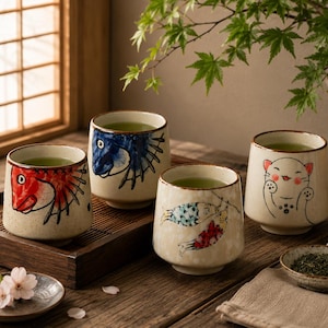 Set of 4 Japanese Teacup Ceramic Tea Cup Mug Japanese Fortune Cat Fish Design