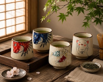 Set van 4 Japanse theekopjes keramische theekop mok Japans geluk katvis ontwerp