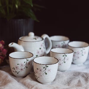 Japanese Chinese Blossom Teapot & 5 Teacups Set with Stainless Steel Infuser