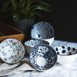 Set of 6 Blue Japanese Chinese Style Rice Bowl Gift Set