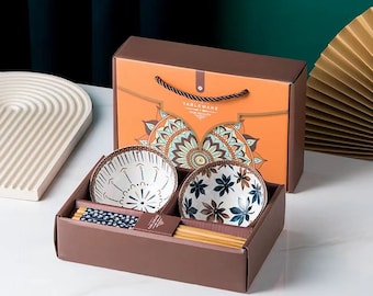 Ceramic Japanese Chinese Rice Bowl Bohemian Style Pattern Gift Set of 2