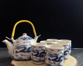 Chinese drakentheepot en 6 bijpassende theekopjes