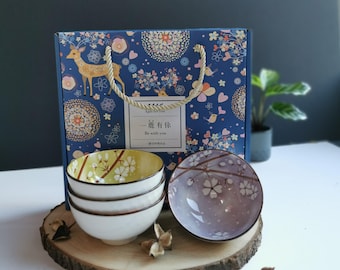 Conjunto de presente de tigela de arroz estilo chinês japonês (conjunto de 4)