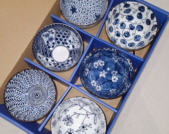 Set of 6 Blue Japanese Chinese Style Rice Bowl Gift Set