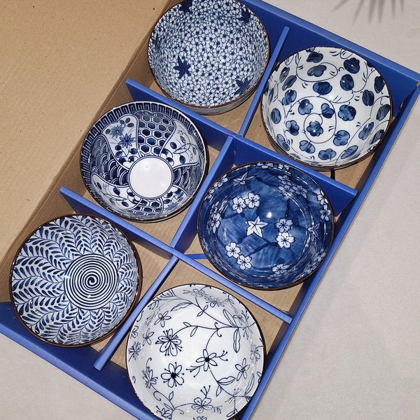 Set of 6 Blue Japanese Chinese Style Rice Bowl Gift Set