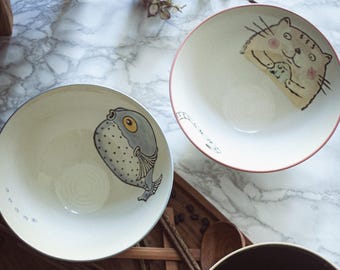 Keramische Kogelvis Cat Ramen Bowl-set: Japanse noedelkom met eetstokjes en lepel