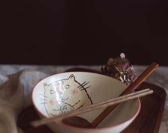 Keramische Cat Ramen Bowl-set van 1000 ml: Japanse noedelkom met lepel en eetstokjes