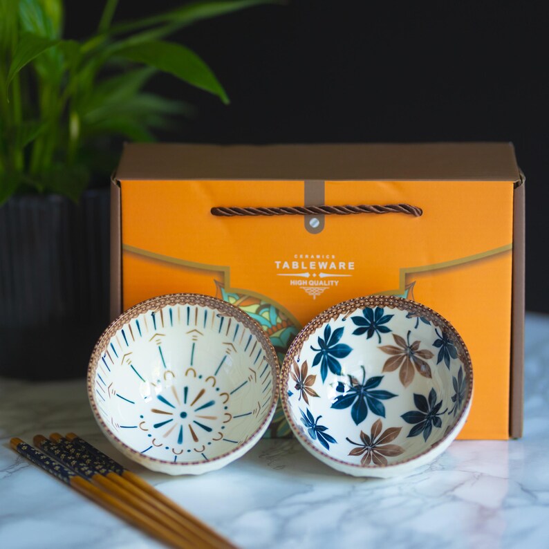 Ceramic Japanese Chinese Rice Bowl Bohemian Style Pattern Gift Set of 2 ...