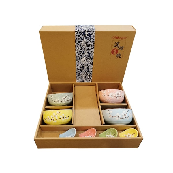 Japanese Chinese Blossom Rice Bowls Soup Bowls Spoons Gift Set - Set of 4