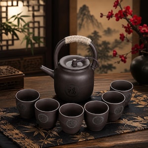 Könnte beinhalten: Ein dunkelbraunes Keramik-Teeservice bestehend aus einer Teekanne mit seilumwickeltem Griff und sechs passenden Tassen. Jedes Teil zeigt ein kreisförmiges Emblem mit dem eingeprägten chinesischen Schriftzeichen für Glück, Fu, auf der Oberfläche.