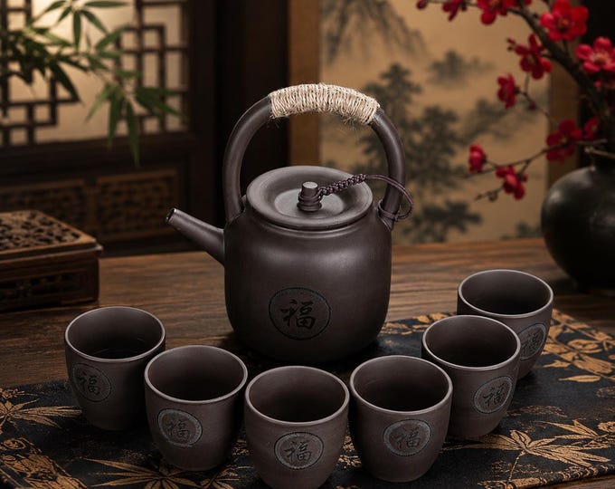 Zisha Clay Teapot & 6 Teacups Gift Set with Stainless Steel Infuser