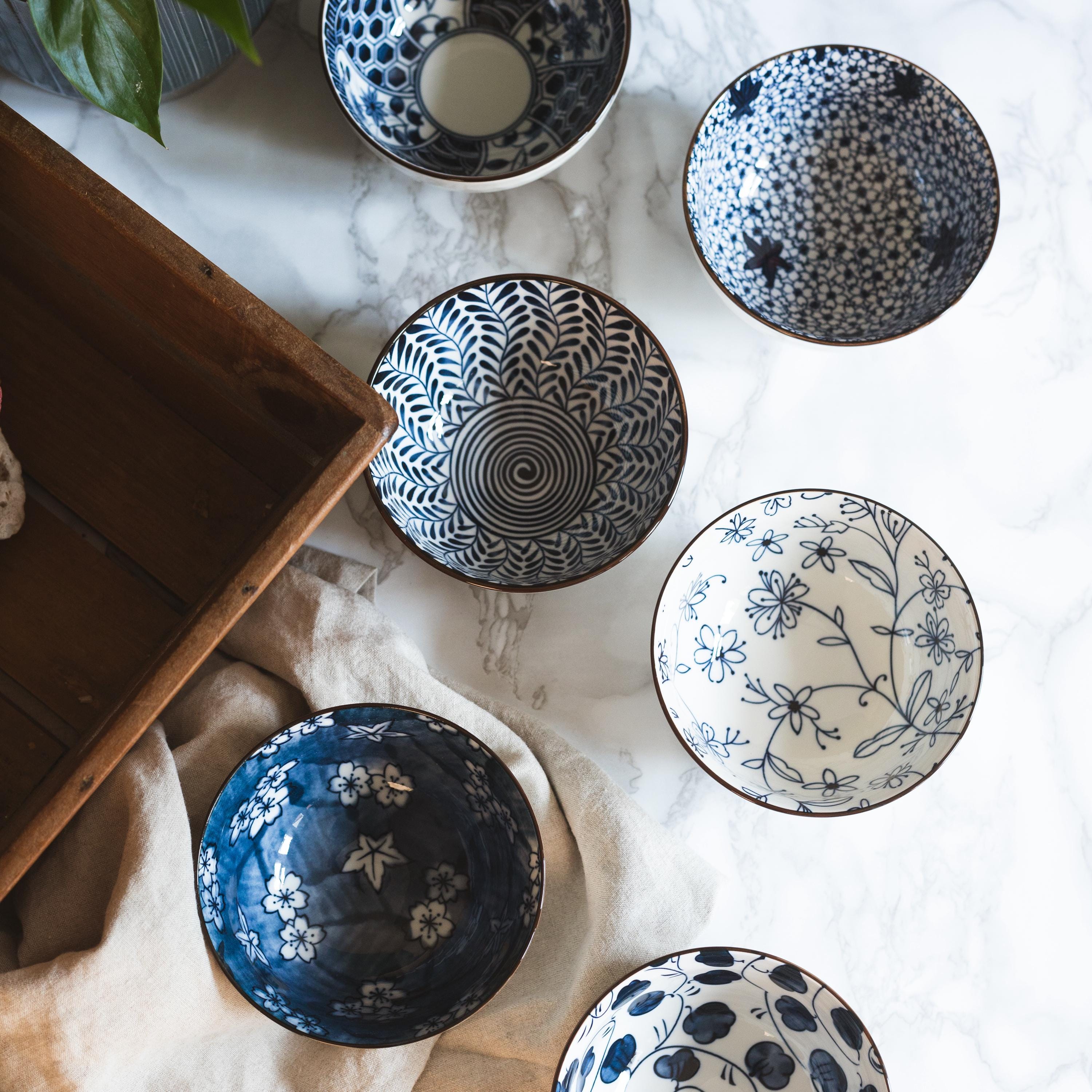 riceブルー 大プレート2枚セット Set of 6 Blue Japanese Chinese Style Rice Bowl Gift Set - Etsy