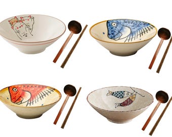 Large Ceramic Ramen Bowl Set 900ml: Japanese Noodle Bowl with Spoon & Chopsticks