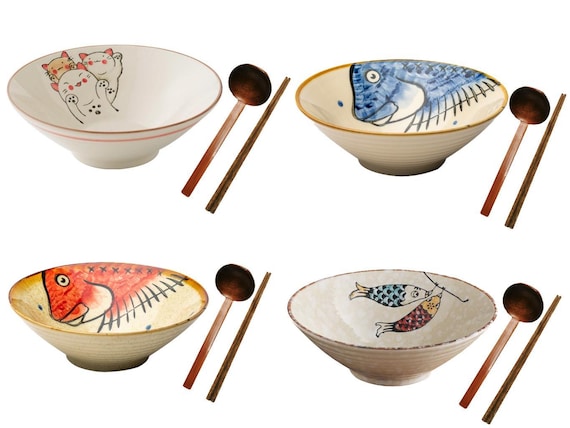 Large Ceramic Ramen Bowl Set 900ml: Japanese Noodle Bowl with Spoon & Chopsticks