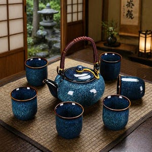 May include: A blue ceramic tea set comprising a teapot and six cups. The teapot features a dark red handle and gold detailing. The cups and teapot have a speckled design and gold rims. The set is displayed on a woven mat.