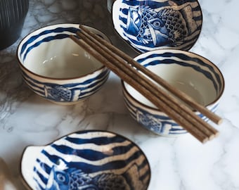 Japanese Chinese Style Carp Rice Bowl, Sauce Dish & Chopsticks Gift Set – 6-Piece Collection