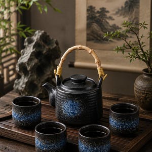 Può includere: Servizio da tè in ceramica nera con manico in bambù sulla teiera. Il set comprende quattro tazzine e un vassoio in legno. Ogni pezzo presenta un design maculato blu e nero, creando un'estetica serena e tradizionale.