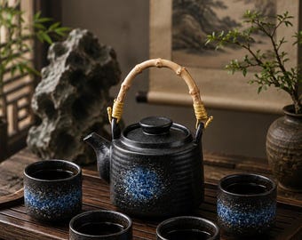 Galaxy Blue Japanese & Chinese Ceramic Tea Set – Teapot with 4 Teacups