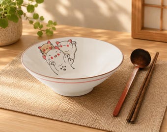 Ceramic Fortune Cat Ramen Bowl Set 900ml: Japanese Noodle Bowl with Spoon & Chopsticks