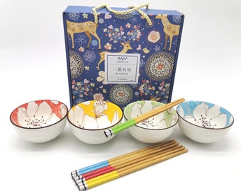 Japanese Chinese Style Rice Bowls Gift Set for Rice Soup - Set of 4