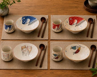 Japanse ramenkomset met houten lepel, eetstokjes en bijpassend theekopje